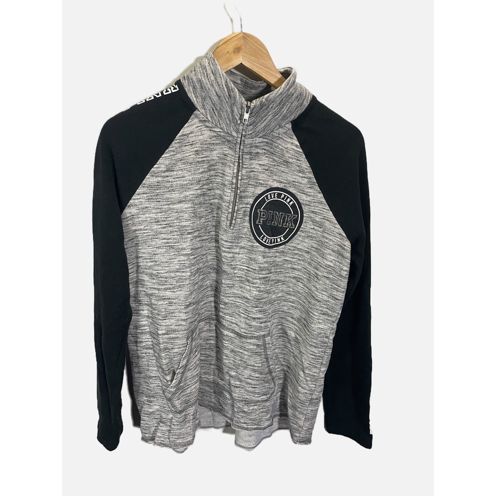 PINK Victoria's Secret Quarter Zip Pullover Women M Grey Black Logo Sweatshirt